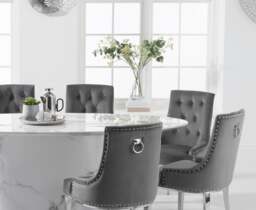 Colby 200cm Oval White Marble Dining Table with 6 Grey Sienna Chairs