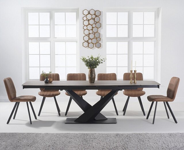 Extending Jacob 180cm Mink Ceramic Dining Table with 6 Brown Hendrick Chairs