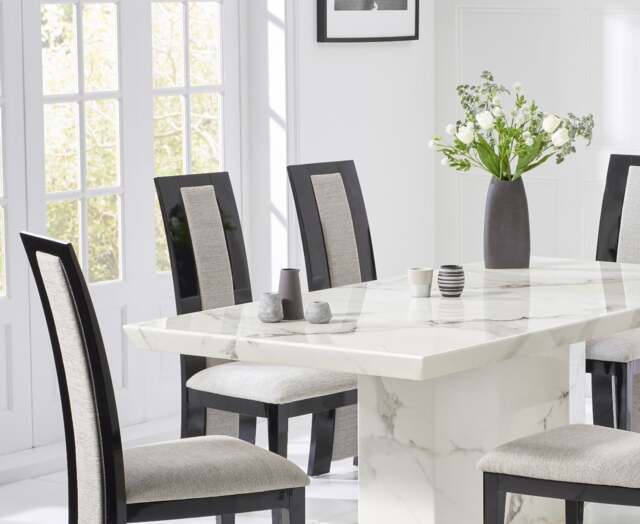 Carvelle 160cm White Pedestal Marble Dining Table with 8 Black Novara Chairs