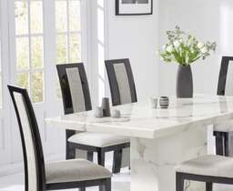 Carvelle 160cm White Pedestal Marble Dining Table with 8 Black Novara Chairs