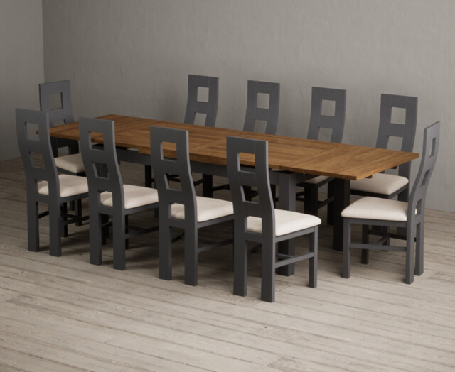 Extending Buxton 180cm Oak and Charcoal Grey Dining Table with 10 Linen Painted Chairs
