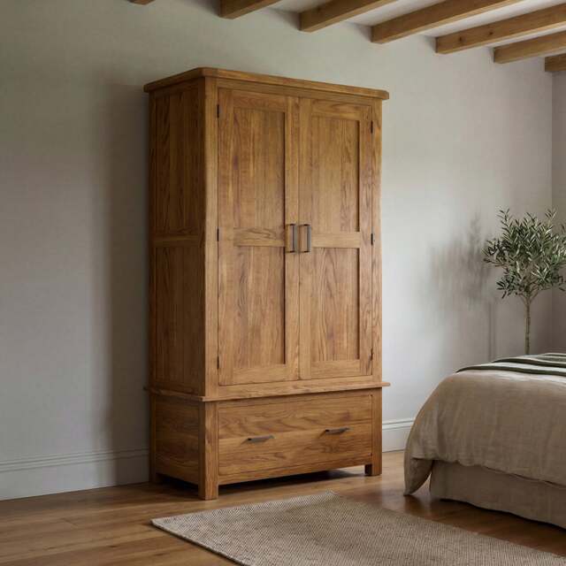 Rustic Solid Oak Double Wardrobe - 2 Doors & Dovetail Drawer