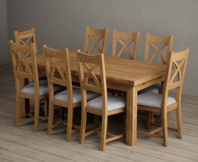 Extending Buxton 180cm Solid Oak Dining Table with 6 Linen Natural Solid Oak Chairs