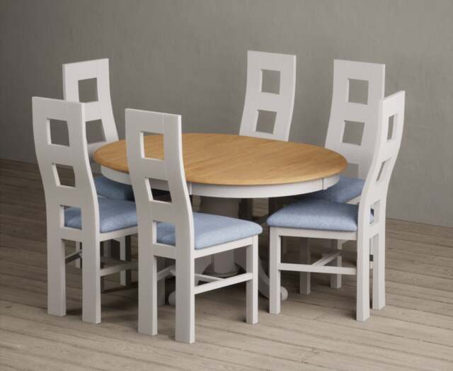 Extending Hertford 100cm - 130cm Oak and Soft White Painted Pedestal Dining Table with 4 Charcoal Grey Painted Chairs