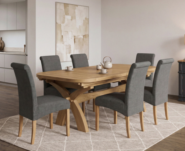 Extending Olympia 180cm Solid Oak Dining Table with 6 Charcoal Grey Scroll Back Chairs