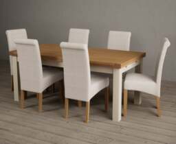 Extending Buxton 180cm Oak and Cream Painted Dining Table with 8 Blue Scroll Back Chairs