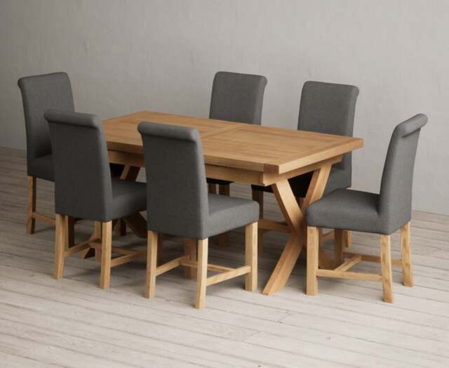 Extending Buckley 160cm Solid Oak Dining Table with 6 Charcoal Grey Braced Chairs