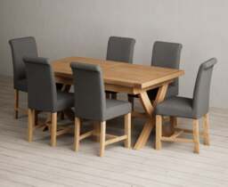 Extending Buckley 160cm Solid Oak Dining Table with 6 Charcoal Grey Braced Chairs