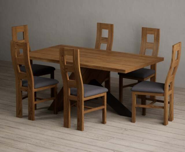 Michigan 180cm Rustic Oak and Metal Black Leg Industrial Dining Table with 6 Charcoal Grey Rustic Solid Oak Chairs