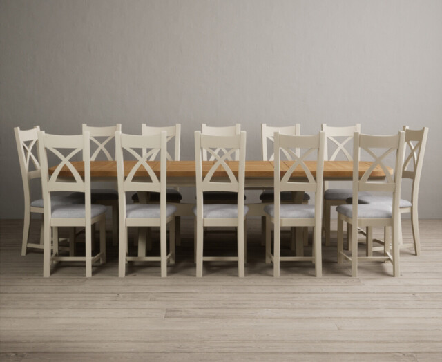 Extending Olympia 180cm Oak and Cream Painted Dining Table with 12 Light Grey Painted Chairs