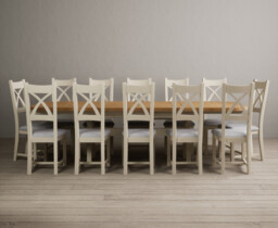 Extending Olympia 180cm Oak and Cream Painted Dining Table with 12 Light Grey Painted Chairs