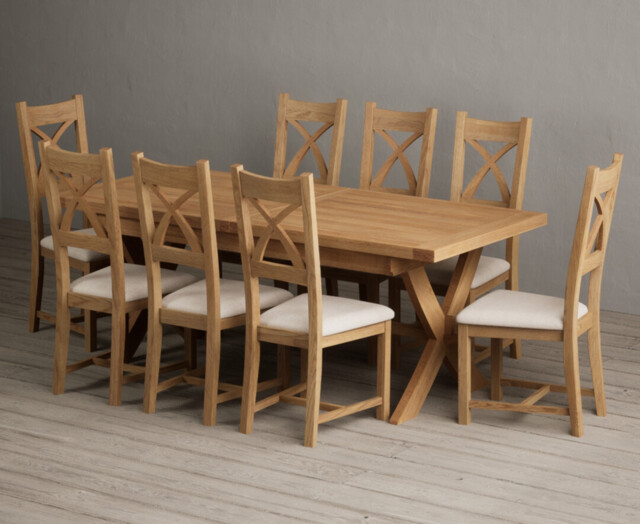 Extending Buckley 200cm Solid Oak Dining Table with 8 Linen Natural Solid Oak Chairs
