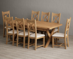 Extending Buckley 200cm Solid Oak Dining Table with 8 Linen Natural Solid Oak Chairs