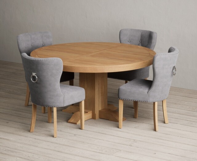 Helmsley 150cm Solid Oak Round Pedestal Dining Table with 4 Grey Keswick Chairs