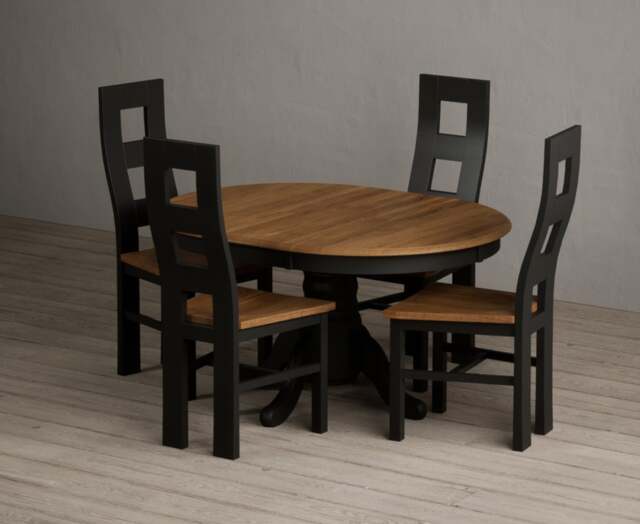 Extending Hertford 100cm - 130cm Oak and Black Painted Pedestal Dining Table with 4 Charcoal Grey Painted Chairs