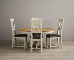 Extending Hertford 100cm - 130cm Oak and Cream Painted Pedestal Dining Table with 4 Brown Painted Chairs