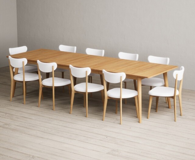 Extending Ruben 200cm Retro Oak Dining Table with 10 White Nordic Chairs