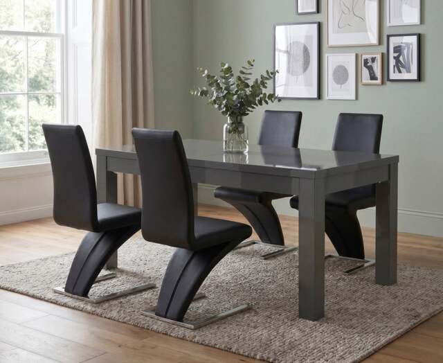 Extending Seattle Dark Grey Gloss 160-220cm Dining Table with 4 Black Aldo Chairs