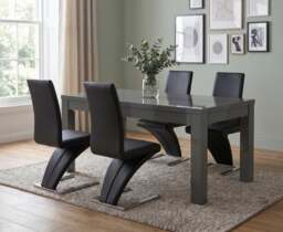 Extending Seattle Dark Grey Gloss 160-220cm Dining Table with 4 Black Aldo Chairs
