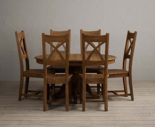 Extending Hertford 100cm - 130cm Rustic Oak Pedestal Dining Table with 6 Rustic Oak Rustic Solid Oak Chairs