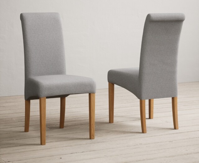 Extending Buxton 180cm Solid Oak Dining Table with 10 Grey Scroll Back Chairs