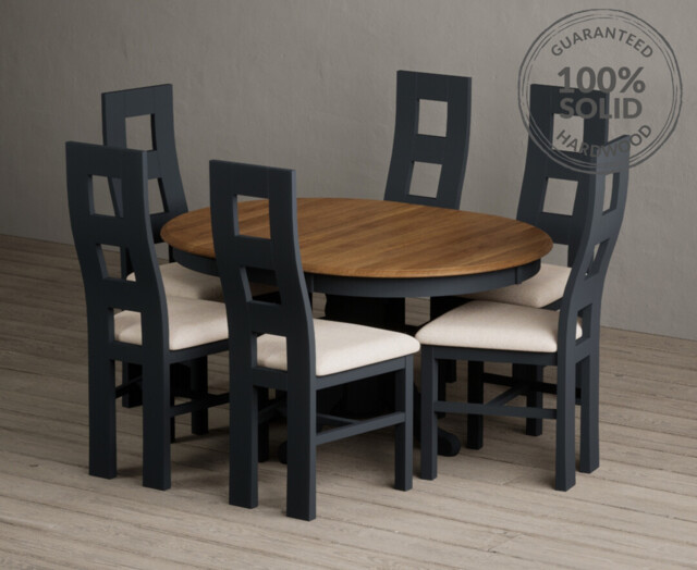 Extending Hertford 100cm - 130cm Oak and Dark Blue Painted Pedestal Dining Table with 6 Charcoal Grey Painted Chairs