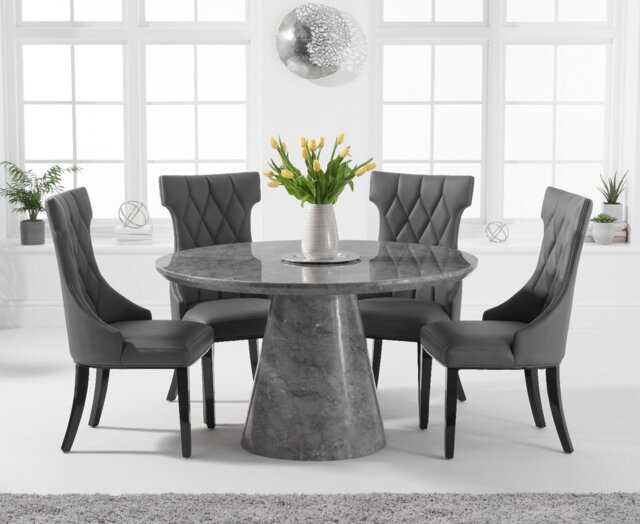 Ravello 130cm Round Grey Marble Dining Table with 4 Grey Sophia Chairs