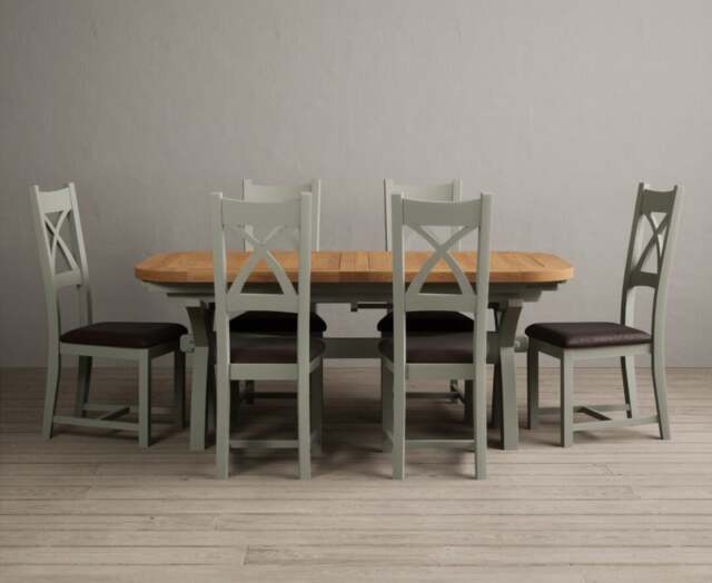 Extending Olympia 180cm Oak and Soft Green Dining Table with 6 Brown Painted Chairs