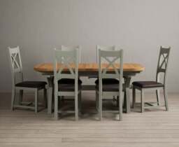 Extending Olympia 180cm Oak and Soft Green Dining Table with 6 Brown Painted Chairs