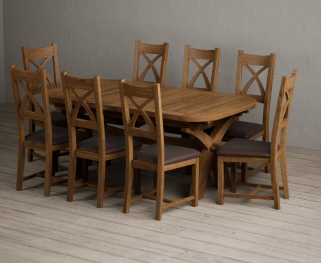 Extending Olympia 180cm Rustic Solid Oak Dining Table with 8 Brown Rustic Solid Oak Chairs