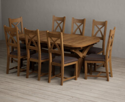 Extending Olympia 180cm Rustic Solid Oak Dining Table with 8 Brown Rustic Solid Oak Chairs