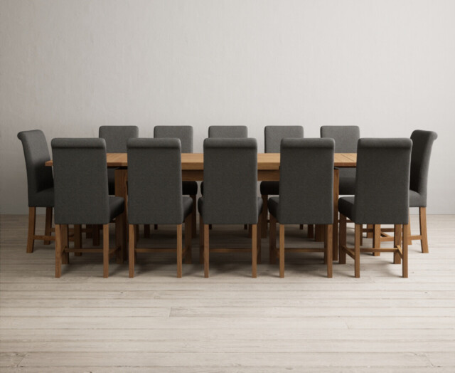Extending Buxton 180cm Solid Oak Dining Table with 12 Charcoal Grey Braced Chairs