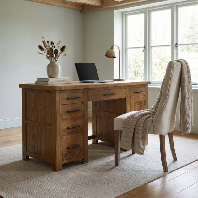 Rustic Solid Oak Computer Desk - 6 Dovetail Drawers & Door