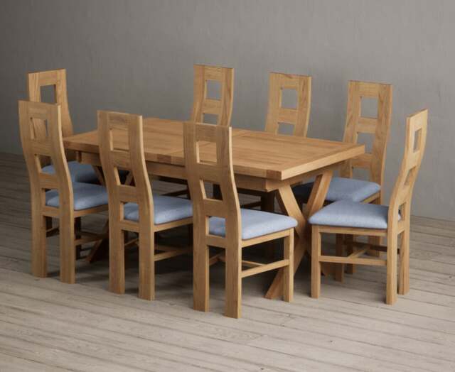 Extending Buckley 160cm Solid Oak Dining Table with 8 Blue Natural Chairs