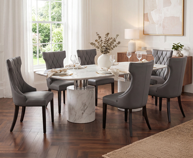 Antonio 220cm White Marble Table with 6 Grey Sophia Chairs
