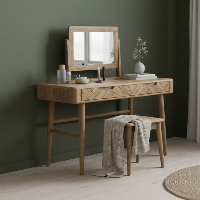 Solid Oak Dressing Table Set - Herringbone Detail