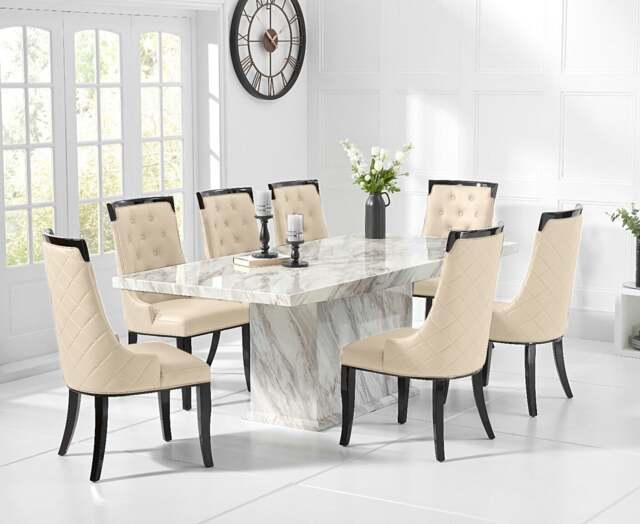 Marino 220cm Marble Dining Table with 6 Cream Francesca Chairs