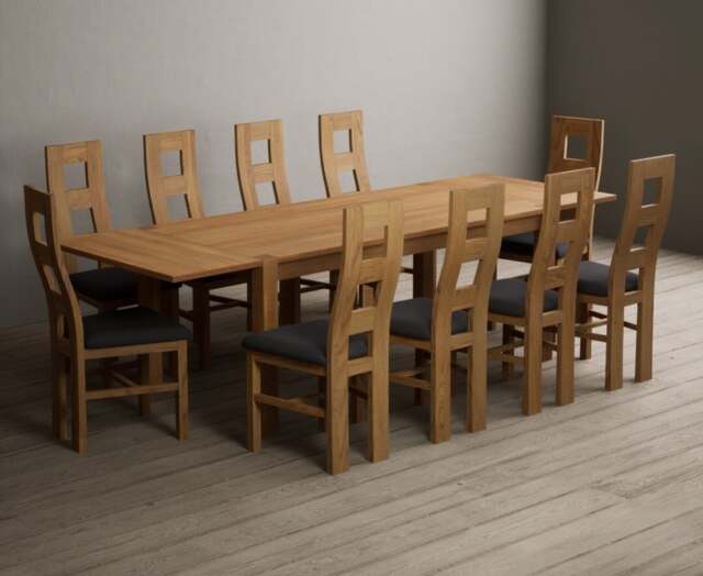 Extending Thetford 180cm Solid Oak Dining Table with 10 Charcoal Grey Natural Chairs