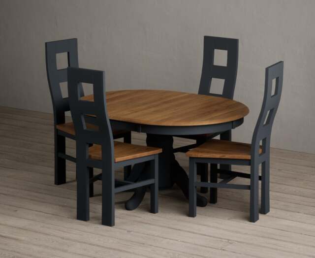 Extending Hertford 100cm - 130cm Oak and Dark Blue Painted Pedestal Dining Table with 4 Rustic Oak Painted Chairs