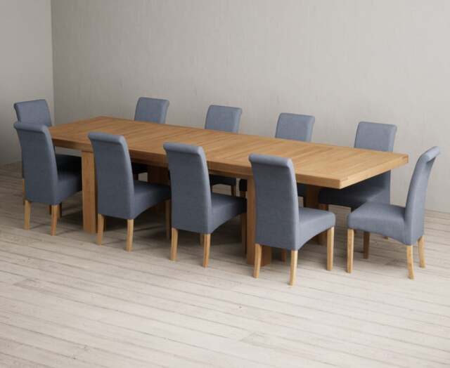 Extending Callington 230cm Oak Dining Table with 10 Blue Scroll Back Chairs