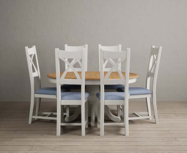 Extending Hertford 100cm - 130cm Oak and Signal White Painted Pedestal Dining Table with 6 Blue Painted Chairs