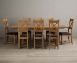 Extending Thetford 150cm Solid Oak Dining Table with 8 Brown Natural Solid Oak Chairs
