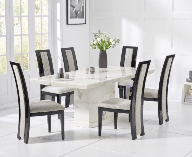 Carvelle 200cm White Pedestal Marble Dining Table with 12 Black Novara Chairs