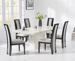 Carvelle 200cm White Pedestal Marble Dining Table with 12 Black Novara Chairs