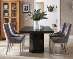 Carvelle 160cm Black Pedestal Marble Table with 4 Grey Sienna Chairs