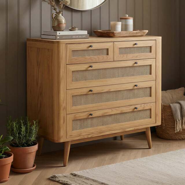 Oak Rattan 2 Over 3 Chest of Drawers
