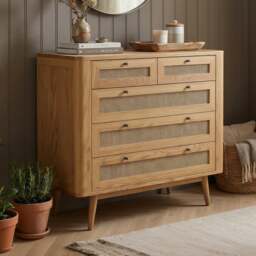 Oak Rattan 2 Over 3 Chest of Drawers
