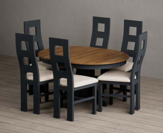 Extending Hertford 100cm - 130cm Oak and Dark Blue Painted Pedestal Dining Table with 6 Linen Painted Chairs