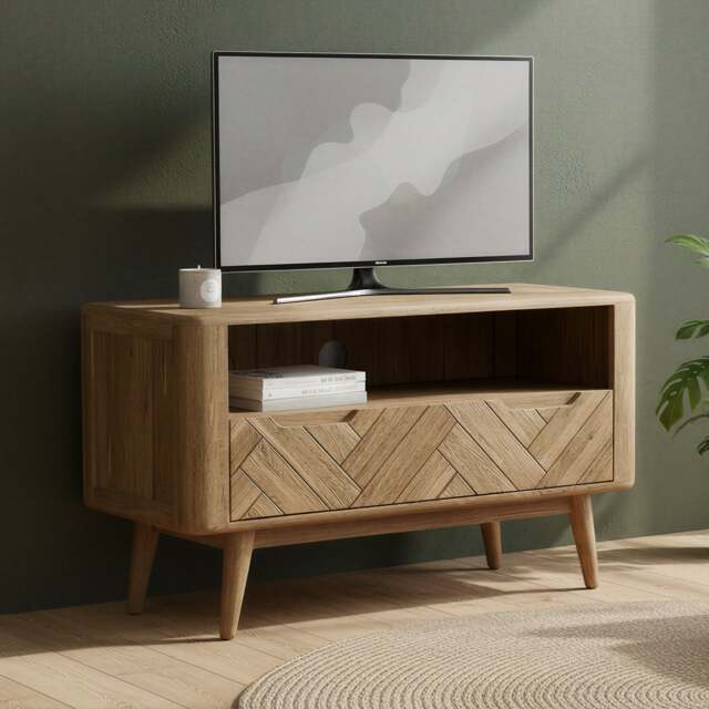 Solid Oak Small TV Cabinet - Herringbone Detail