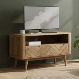 Solid Oak Small TV Cabinet - Herringbone Detail